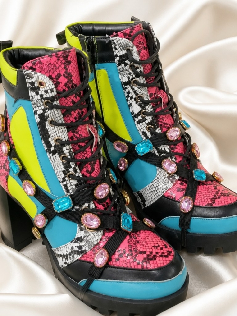 Women's Multi-Color Neon Gem Embellished Lace-Up Ankle Boots
